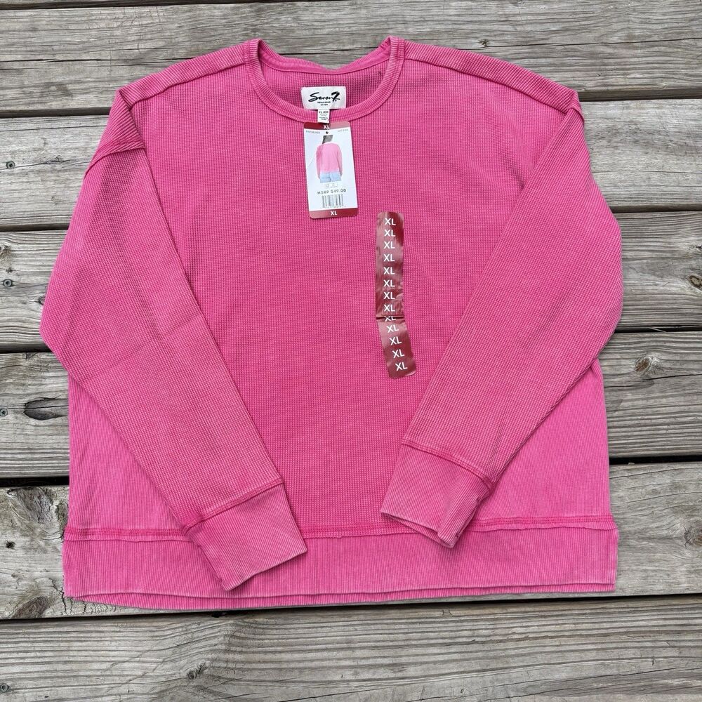 New SEVEN7 Women's Hot Pink Long Sleeve Waffle Crewneck T-Shirt, XL